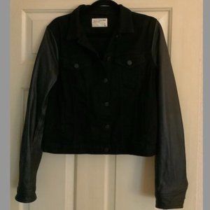 rag & bone/Jean Black Denim Jacket with Leather Sleeves Size L